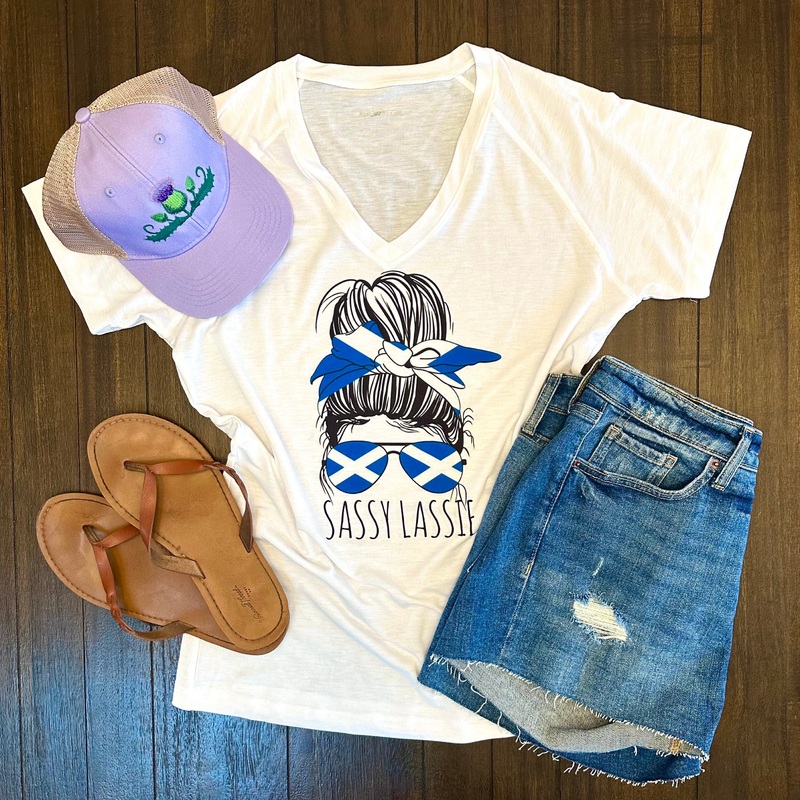 Sassy Lassie Messy Bun and Aviators Women's V-Neck Shirt White