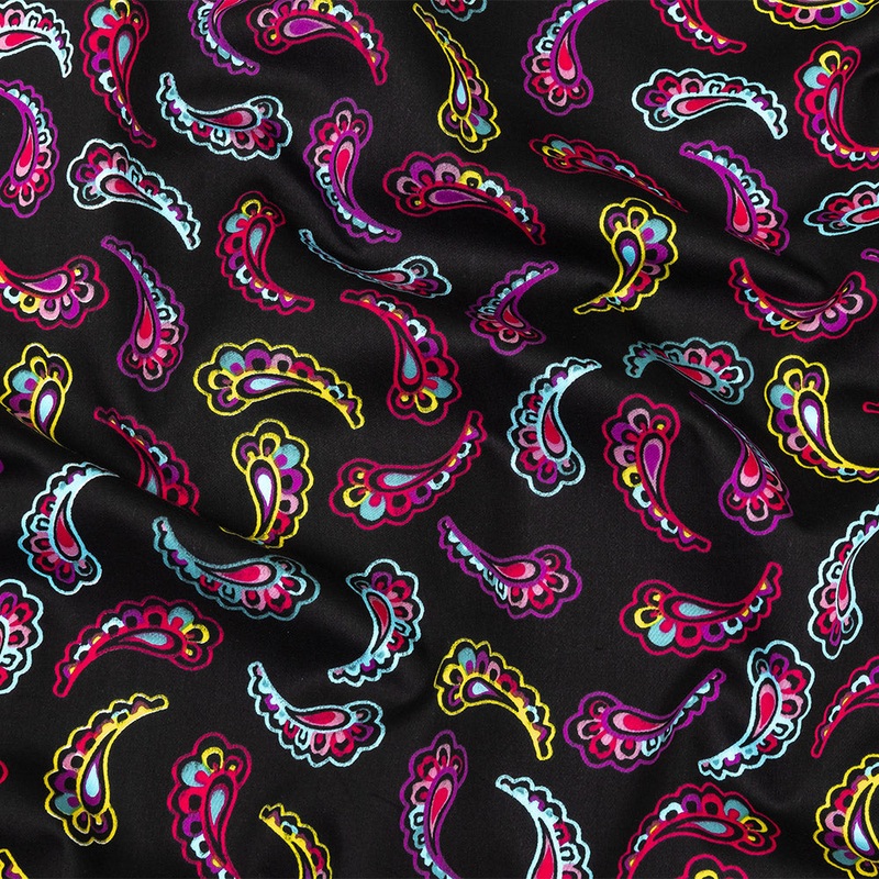 Black, Purple, and Pink Simple Paisley Cotton Shirting