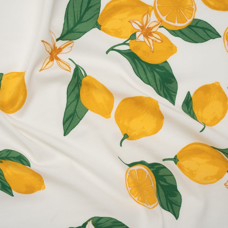 Stretch Organic Cotton Jersey - Off White, Yellow and Green Lemons and Blossoms Border - Deadstock