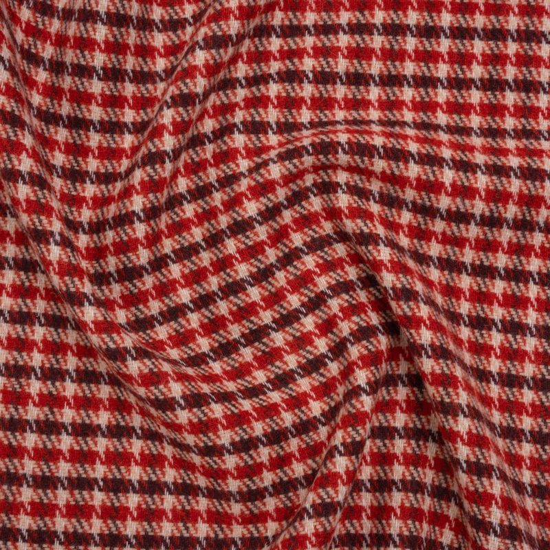 Wool Blend Tweedy Twill - Red, Burgundy and Ivory Houndstooth Plaid