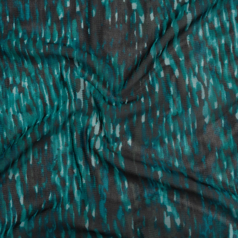 Stretch Polyester Mesh - Teal, Black and Blue Abstract Streaks - Designer Deadstock