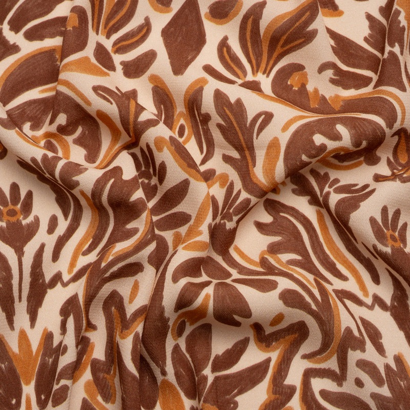 Sustainable Viscose Crepe Print - Beige, Burgundy and Orange Floral Damask - Mood Exclusive Pieces into Place