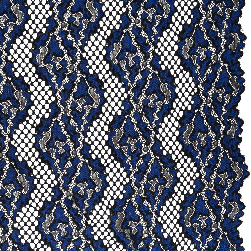 Raschel Lace with Organic Finished Edges - Black and Surf Blue Abstract Wavy Stripes
