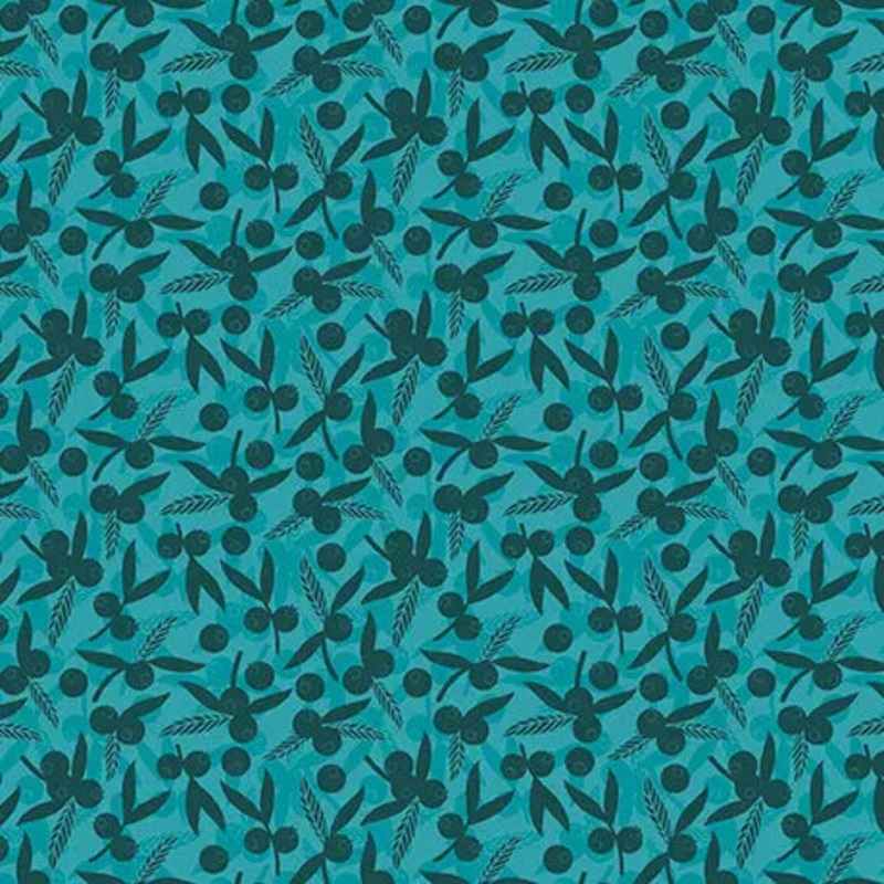 Teal Dahlias at Dusk Leaf & Berries Silhouettes Cotton 44"/45" Fabric Per Yard