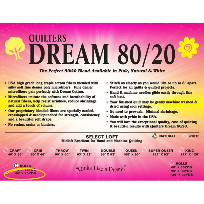 Quilters Dream Natural 80/20 Select Batting Throw Bolt (2) 60" x 15 Yards