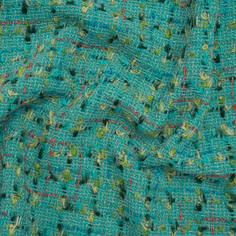 Metallic Wool Blend Tweed with Fringe-Like Inclusions Made in Italy - Teal, Green and Gold Checks - Deadstock
