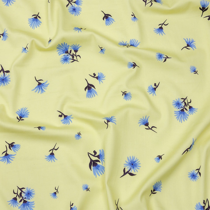 Stretch Cotton and Viscose Sateen Print - Pale Yellow and Blue Floral - Mood Exclusive Daisy Dance