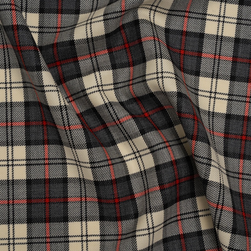 Virgin Wool Twill Made in Italy - Cream, Charcoal and Red Plaid
