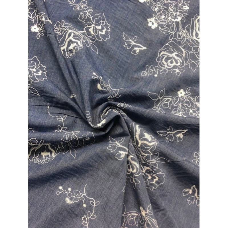 Blue & Ivory Pencil-Drawn Floral Fabric with Textured Stitching 65% Cotton, 35% Polyester