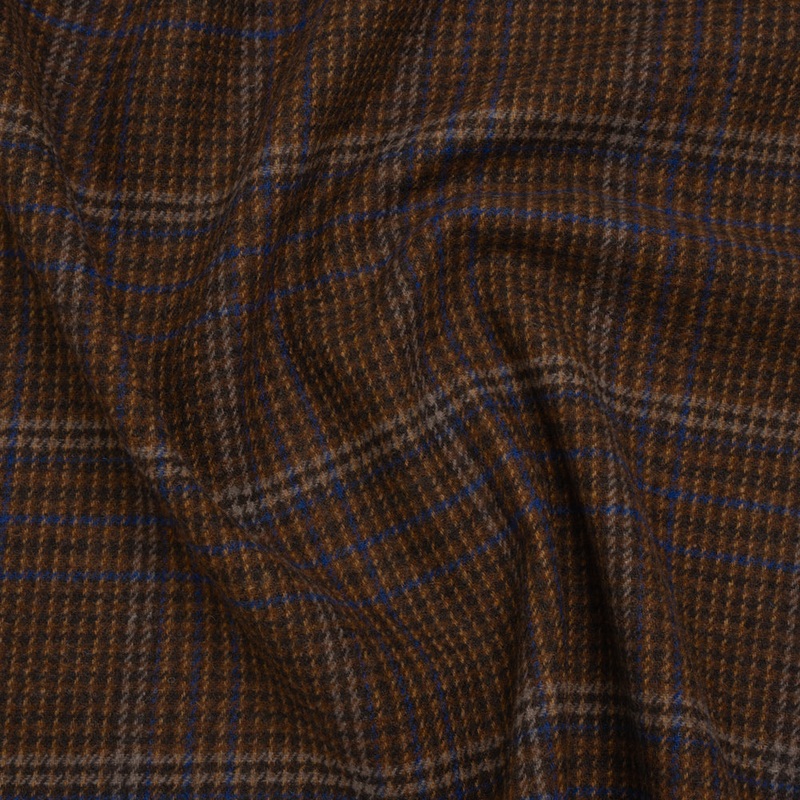 Wool Blend Tweed Twill - Brown, Cobalt Blue and Black Plaid