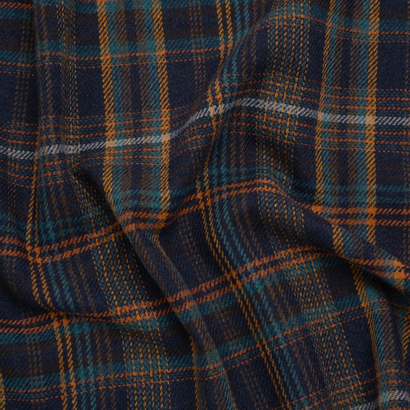Wool Blend Tweedy Twill - Navy, Burnt Orange and Teal Blue Plaid