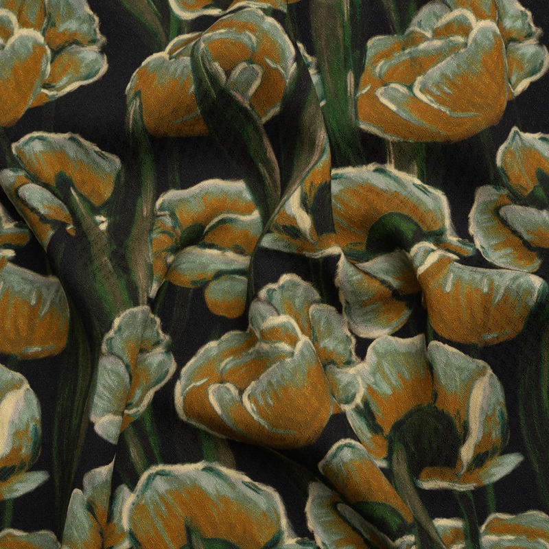Sustainable Viscose Floral Jacquard Print - Dark Orange, Green and Black Floral - Mood Exclusive Draped in Dawn