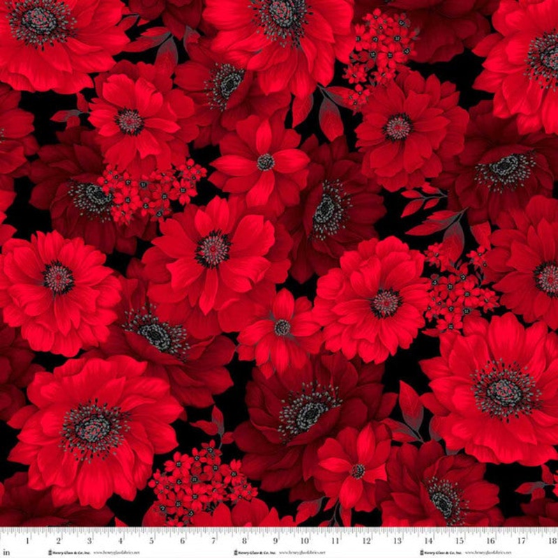 Black Red Large Floral Scarlet's Treasure 44"/45" Cotton Fabric Per Yard