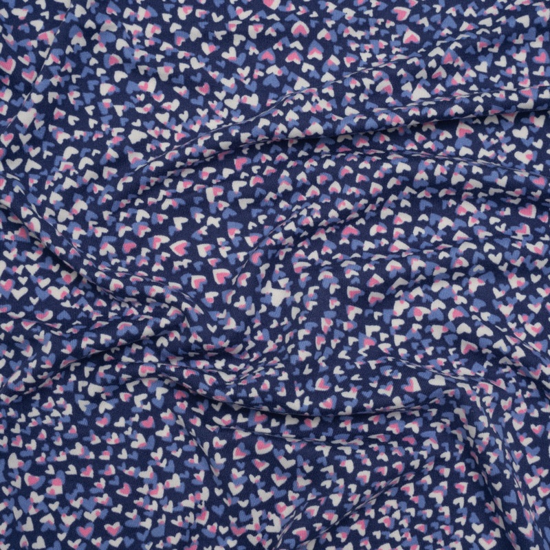 Stretch Polyester ITY Jersey - Blue, Periwinkle and Pink Explosion of Hearts - Deadstock