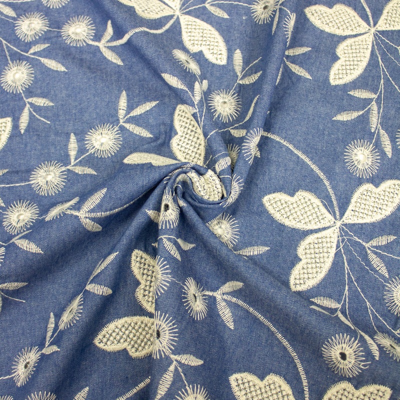 Bent Blue Floral Embroidered Cotton Fabric