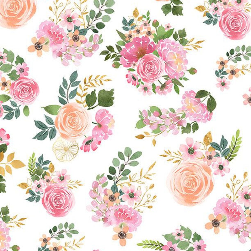 Peony Blossoms Collection Bouquet Toss Cotton Fabric 34712 White