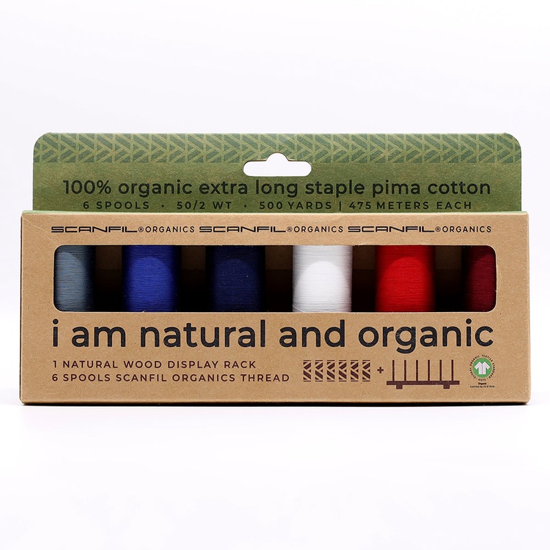 SCANFIL 50wt Organic Pima Cotton Thread Set - 6ct 500yd Spools & Wood Rack - Patriotic