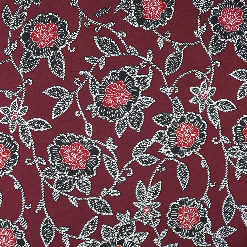Flower Pattern Printed Polyester/Spandex ITY Knit Fabric with Puff by the Yard, 58-60", 200GSM C#3 WINE