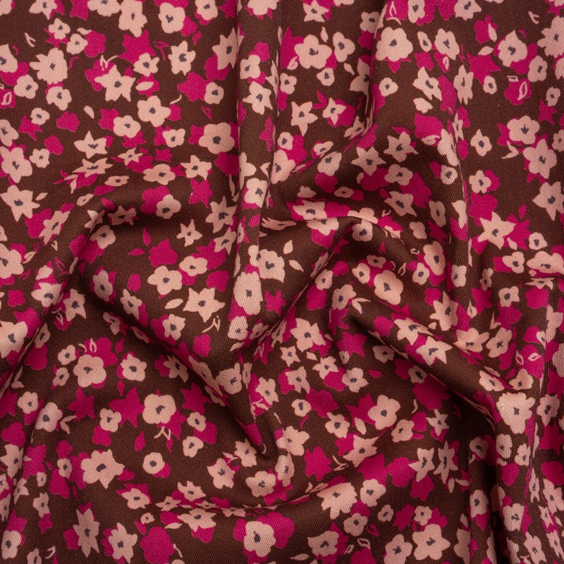 Stretch Cotton Twill Print - Brown and Pink Floral - Mood Exclusive Petals to Pick