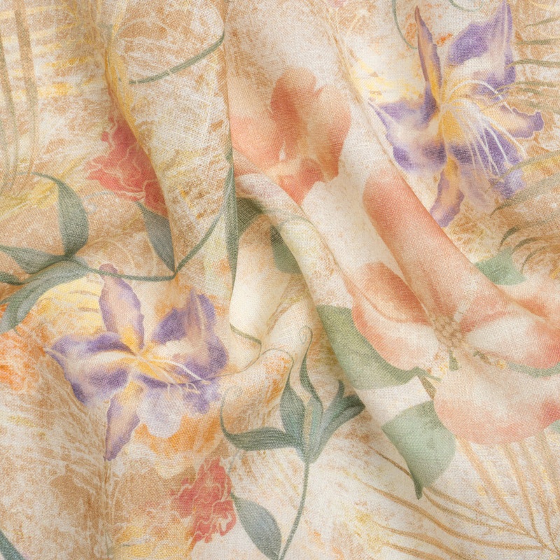 Tan, Rose, and Violet Lilies and Magnolias Medium Weight Linen Woven