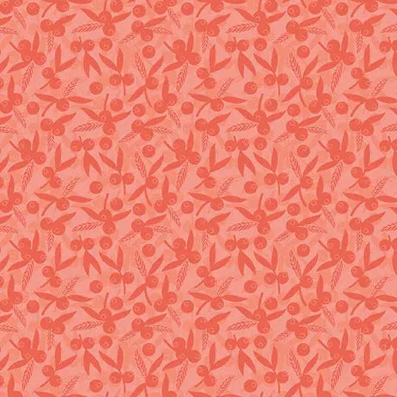 Salmon Dahlias at Dusk Leaf & Berries Silhouettes Cotton 44"/45" Fabric Per Yard