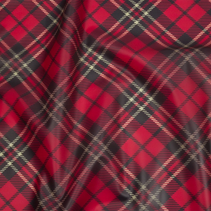 Red, Black and Yellow Diagonal Plaid Lightweight Translucent Vinyl