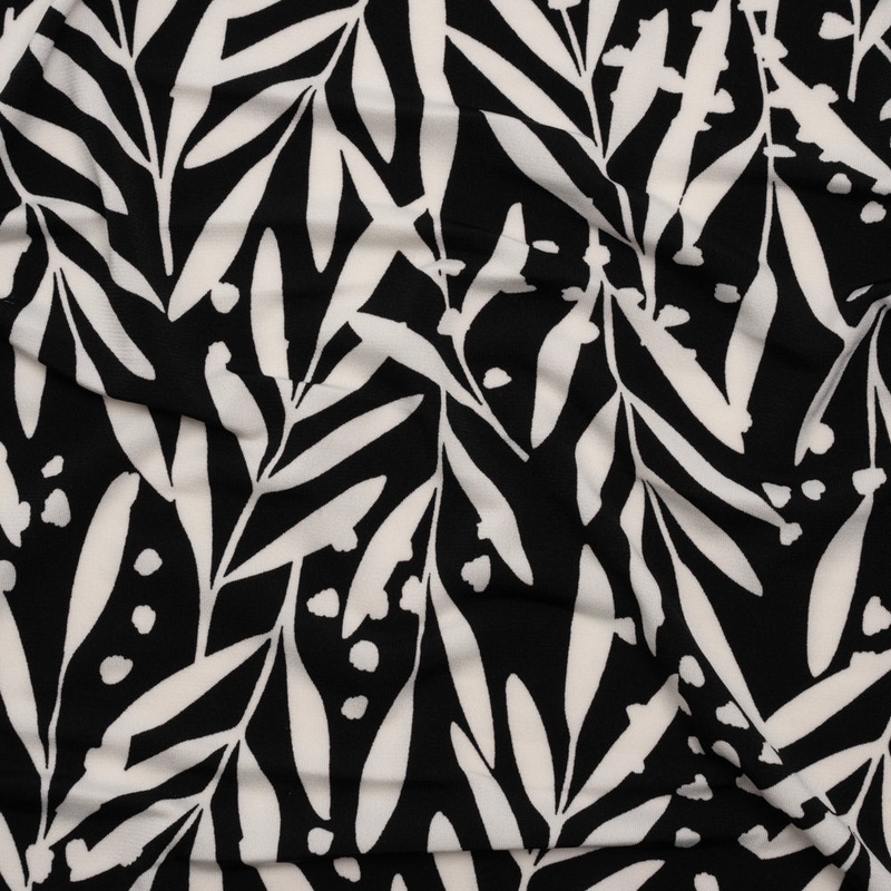 Stretch Polyester Tricot - Black and White Leafy Stems - Designer Deadstock