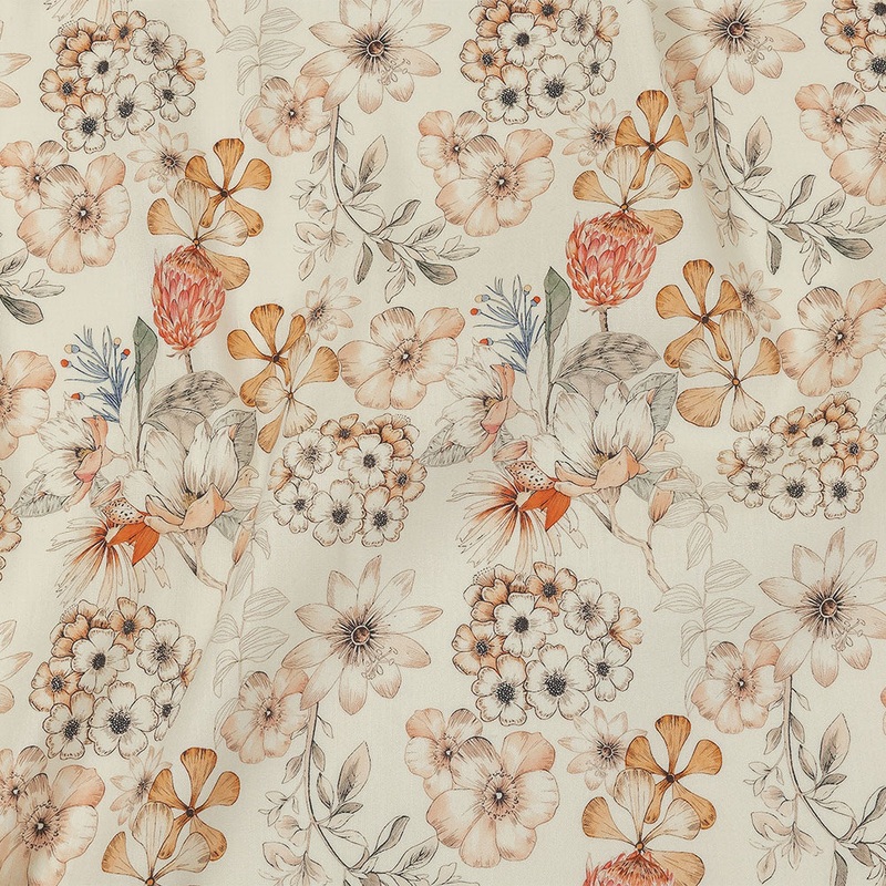 Peach, Red and White Floral Stretch Linen and Rayon Woven
