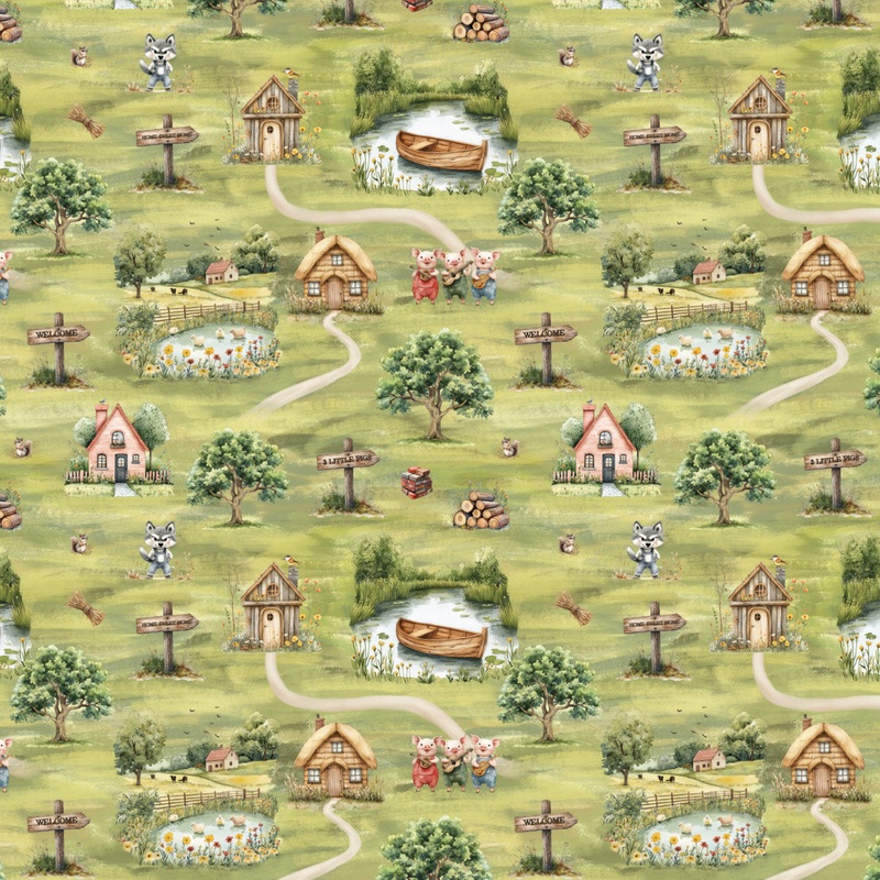 Three Little Pigs Collection-Little Village-Quilting Cotton- Green -21250801-01 Green