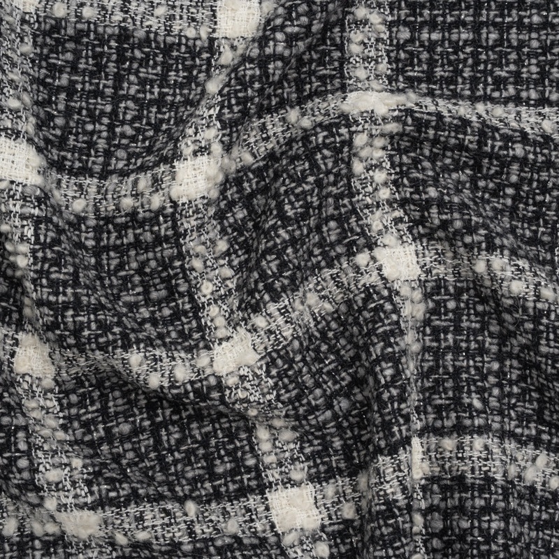 Metallic Wool Blend Tweedy Boucle Made in Italy - Black, Gray and Ivory Windowpane Checks - Deadstock