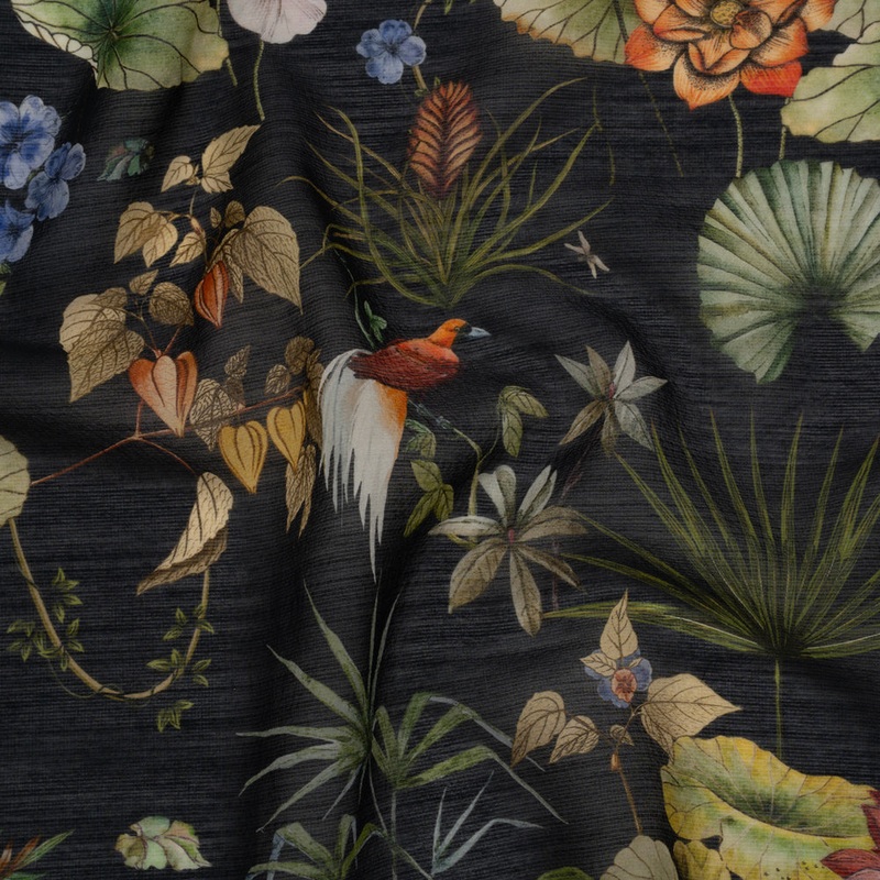 Slubbed Sheer Silk Woven Print Made in Italy - Black, Green and Orange Tropical Flora and Fauna - Deadstock