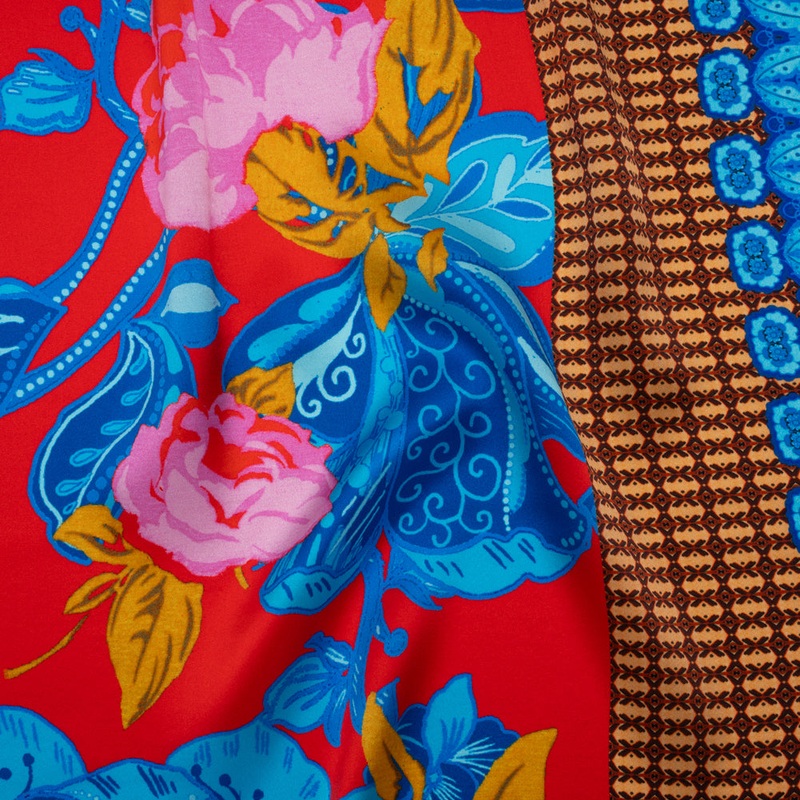 Silk Charmeuse Print 16MM, Made in Italy - Red, Blue and Gold Floral and Abstract Stripes