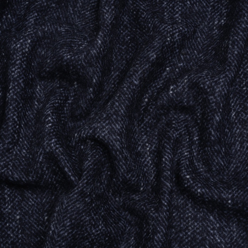 Brushed Wool and Silk Coating Made in Italy - Tweedy Blue and Navy Herringbone - Deadstock