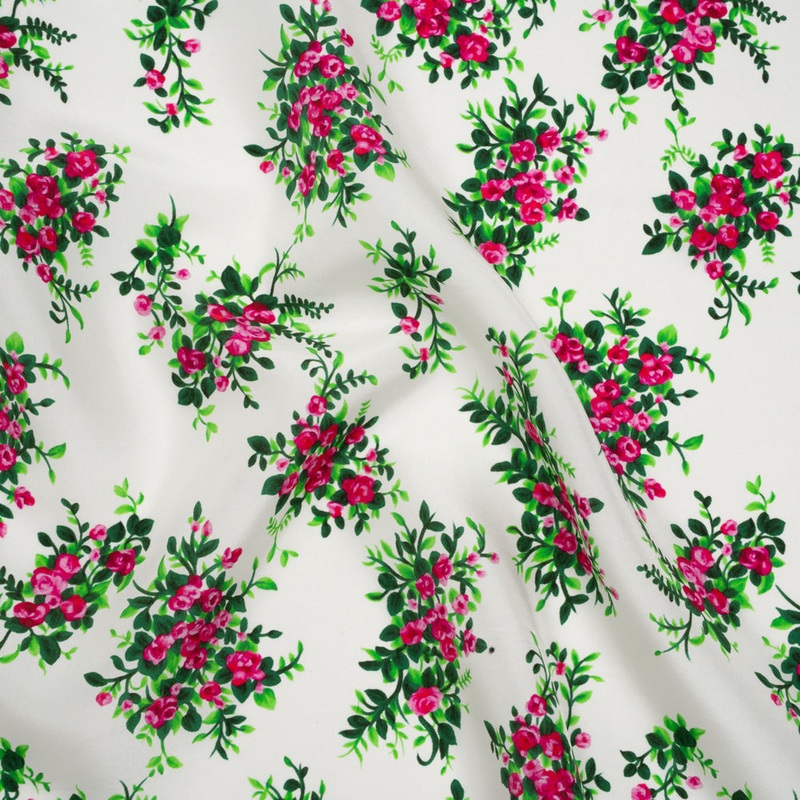 China Silk/Silk Habotai Print Made in Italy - Pink, Green and Ivory Flower Bunches - Deadstock