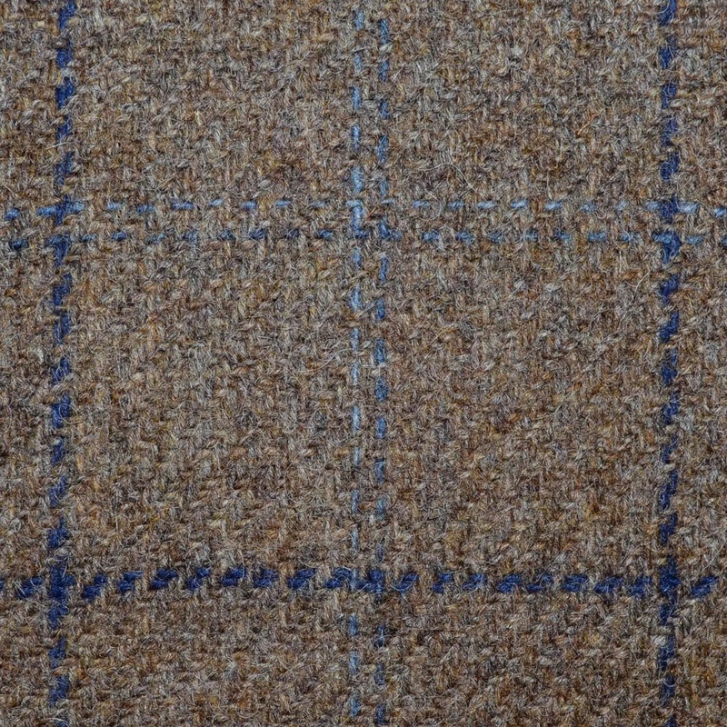 Medium Brown with Medium Blue and Navy Blue Check All Wool Irish Donegal Tweed