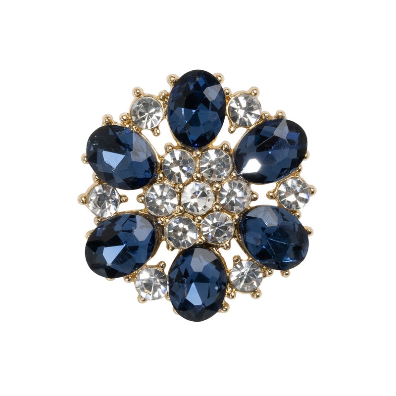 Rhinestone and Metal Shank Back Button - 40L/25.5mm - Blue, Crystal and Gold Big Flower