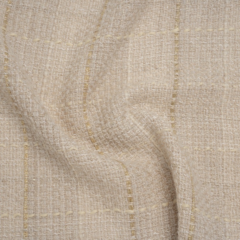 Metallic Wool Blend Tweed Made in Italy - Oatmeal, White and Gold Textured Windowpane Checks
