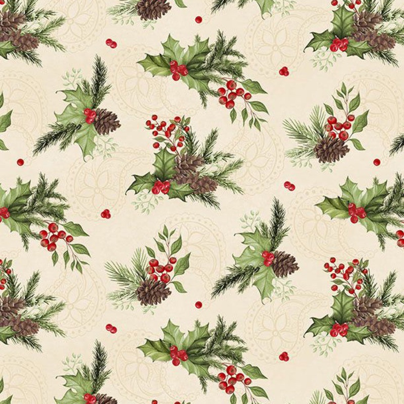 Tartan Holiday Collection Foliage Toss Cotton Fabric 27667 Cream