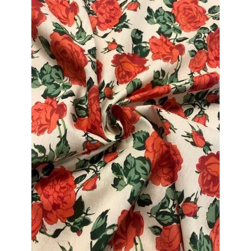 Red Rose Floral Cotton Lawn Lightweight 100% Cotton Fabric