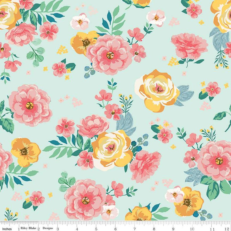 Spring Gardens Collection Large Floral Cotton Fabric C14110 Sky