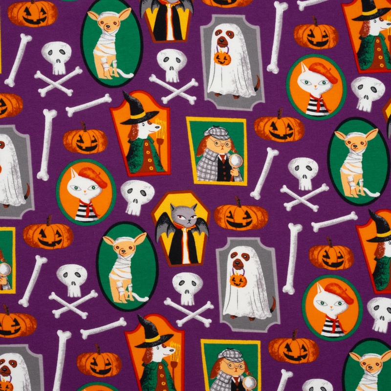 Stretch Organic Cotton Jersey - Purple, Orange and Green Halloween Pet Portraits - Deadstock