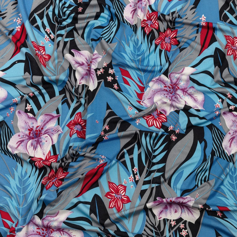 Blue, Red and Purple Tropical Flora Silk Jersey