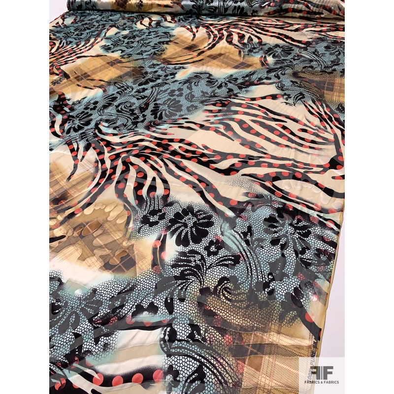Bold Collage Printed Burnout Silk Chiffon - Golden Tan / Black / Seafoam / Coral