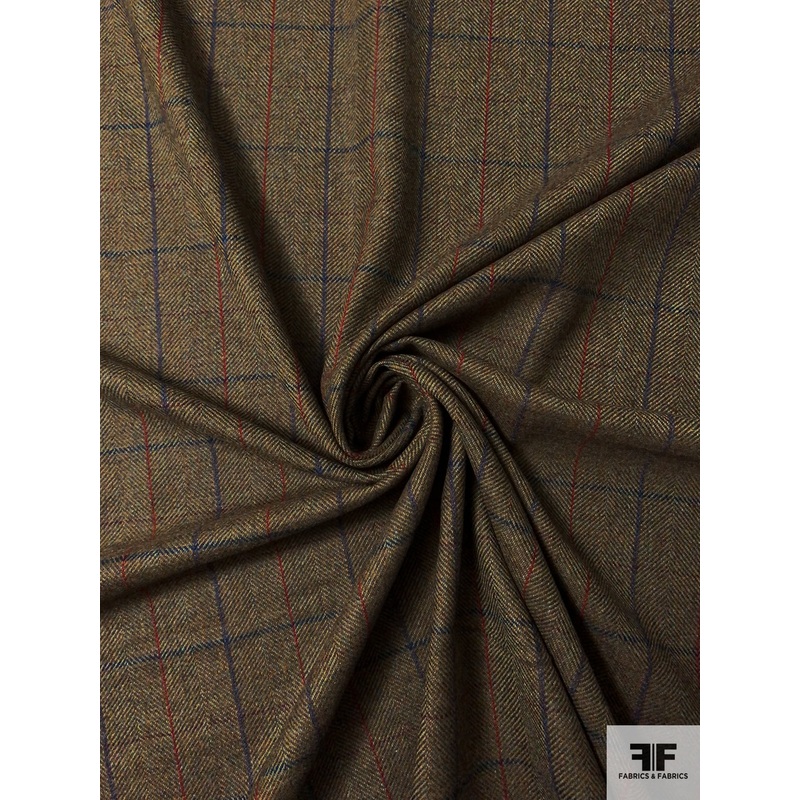 Italian Plaid Herringbone Wool Tweed Suiting - Brown / Sage / Blue / Red