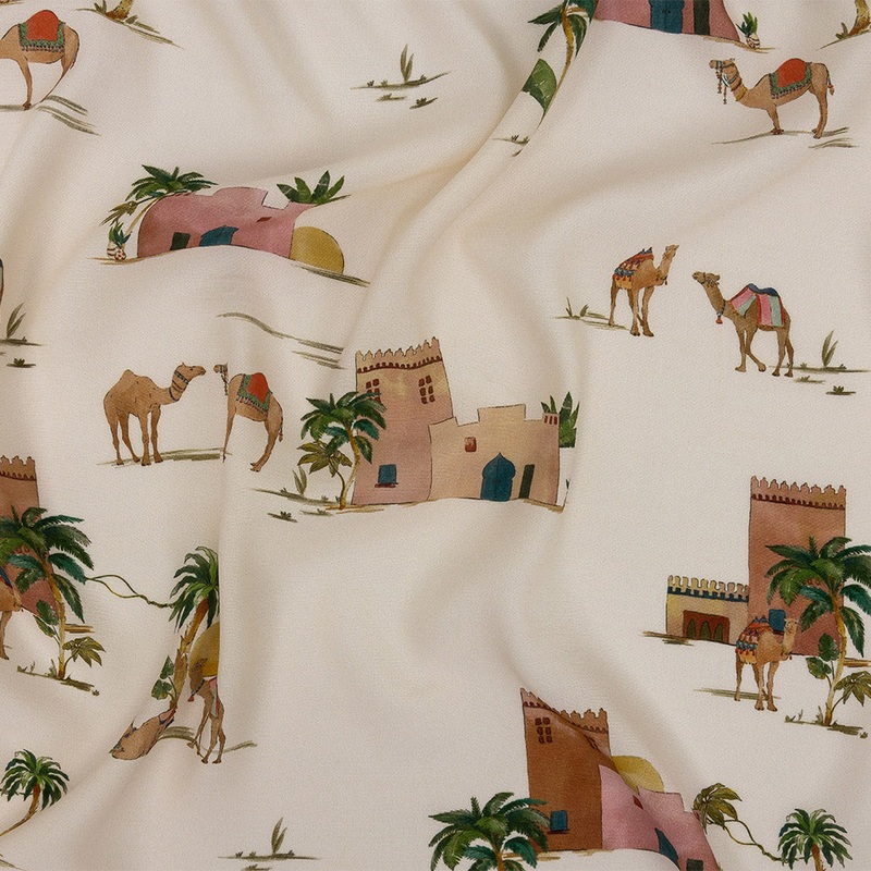 Sustainable Viscose Woven Print - Ivory Camels and Buildings - Mood Exclusive Bactrian Expedition