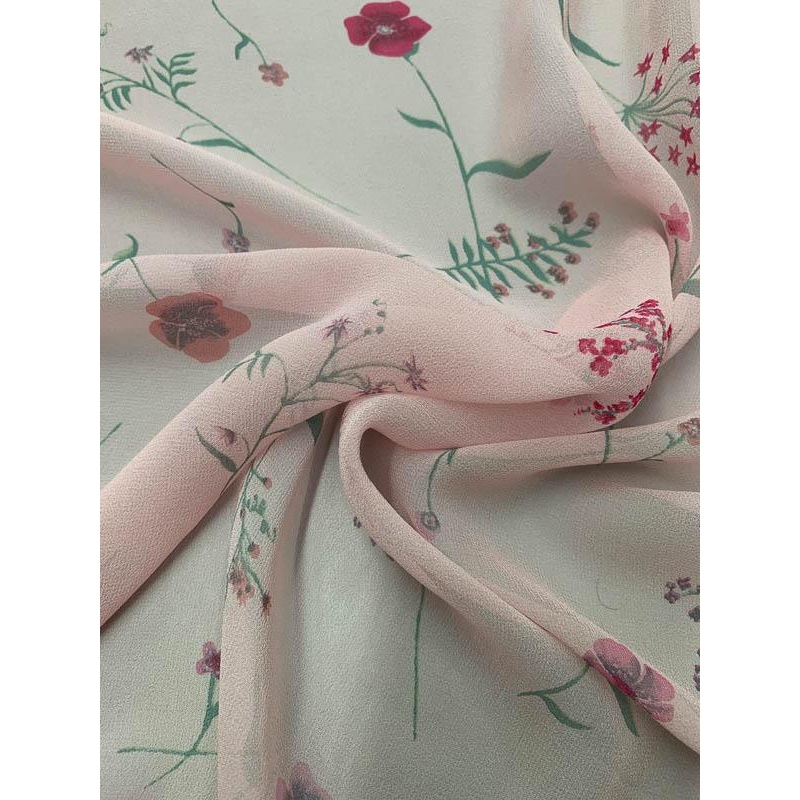 Delicate Floral Printed Silk Chiffon - Pink / Magenta / Grey-Teal