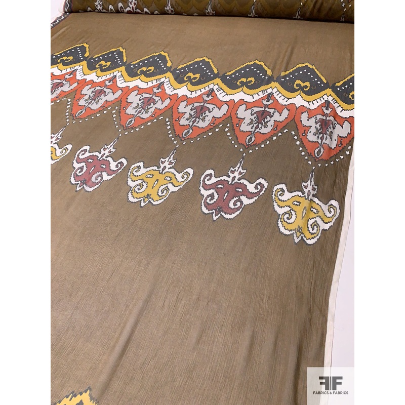 Ethnic Ikat Printed Crinkled Silk Chiffon Panel - Peanut Brown / Orange / Yellow / Off-White