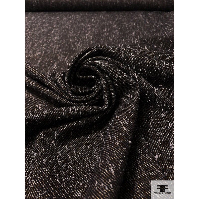 Italian Speckled Wool Blend Stretch Tweed Suiting - Black / Off-White / Grey / Gold