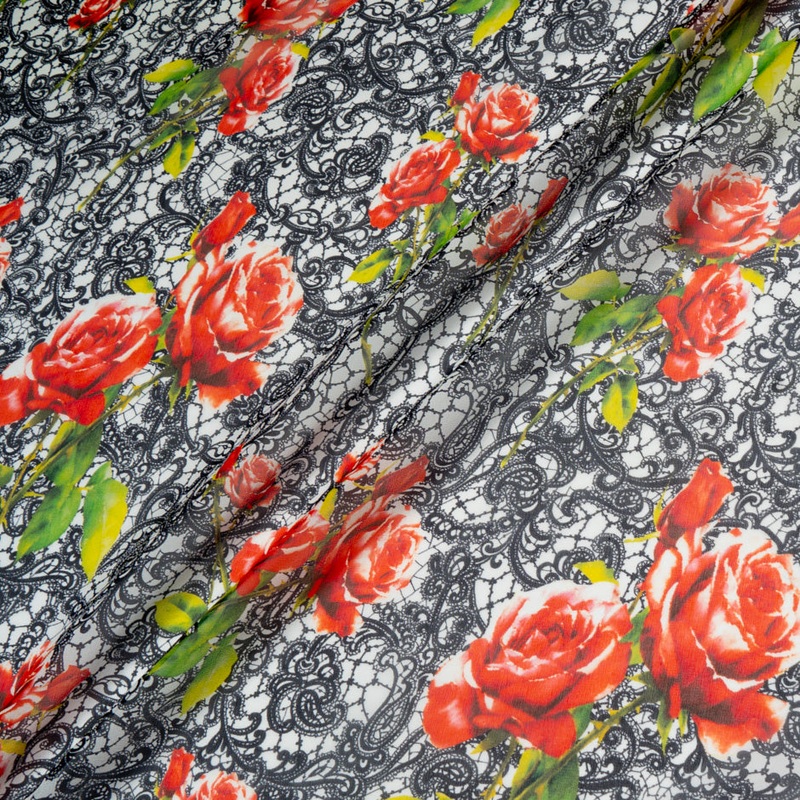 Red Rose & Black Lace Printed Pure Silk Georgette
