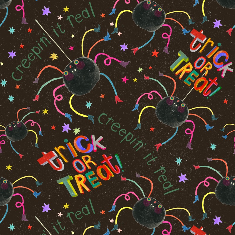 Shannon Snow Funky Halloween Spiders on Black Fabric